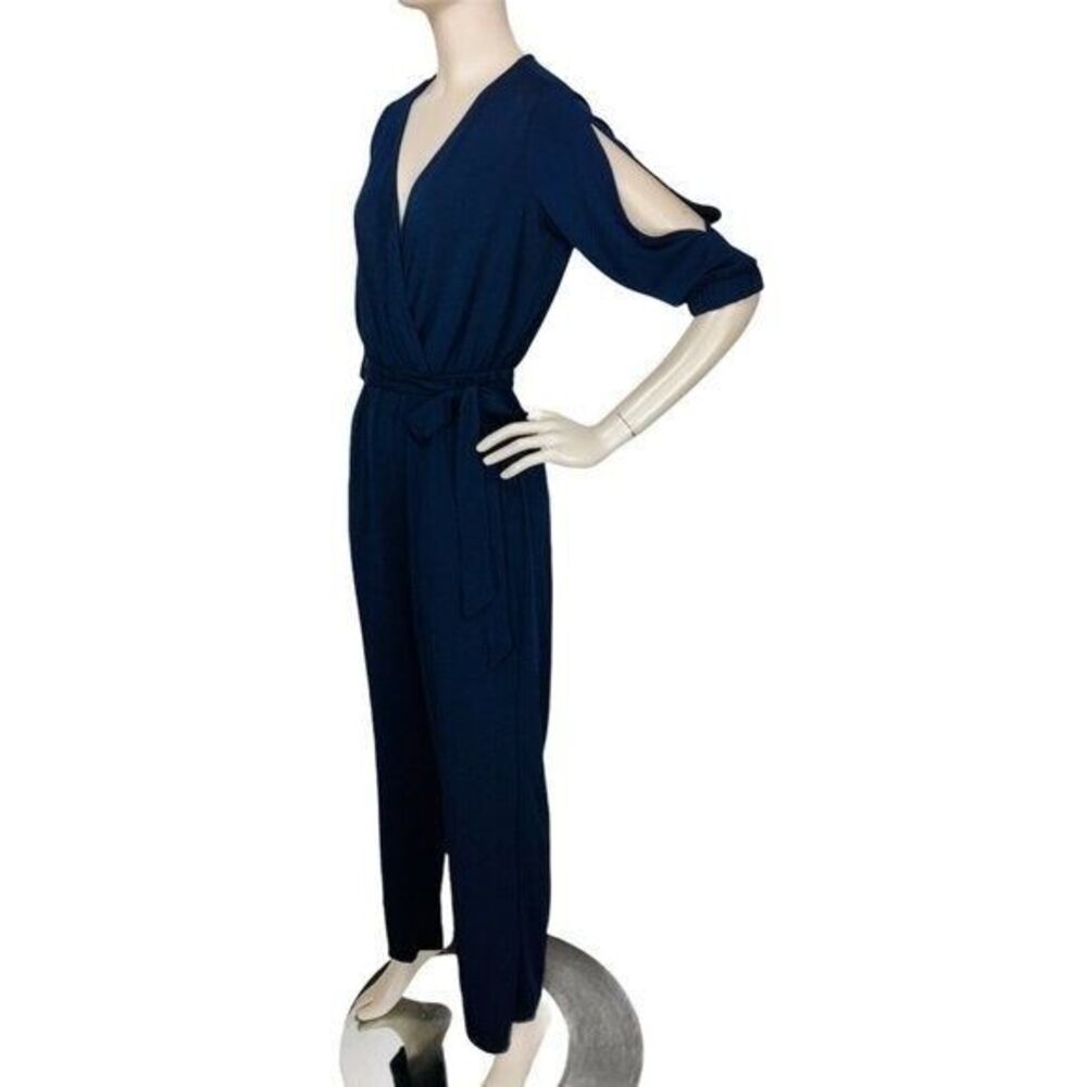 VTG 90s Blue Jersey Knit Split Quarter Sleeve Belted Jumpsuit Enfocus Studio